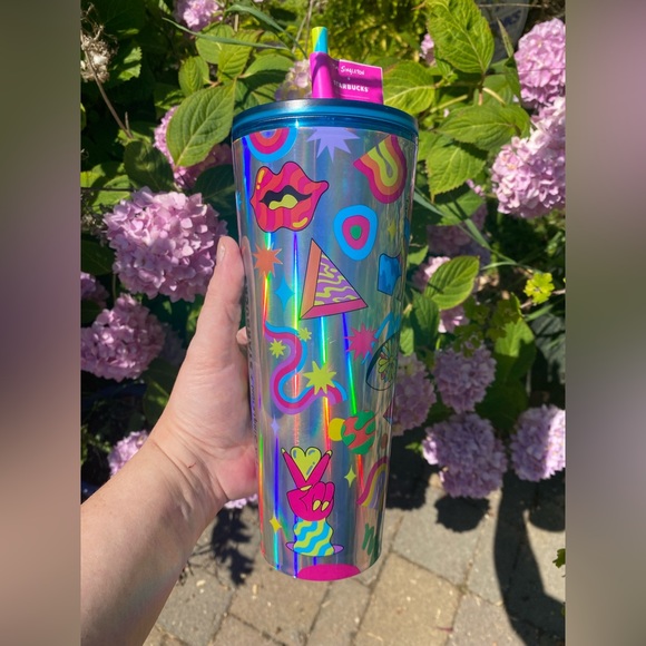 Starbucks + Tim Singleton NWT PRIDE Holographic Silver Emoji 24oz Tumbler - Picture 2 of 8